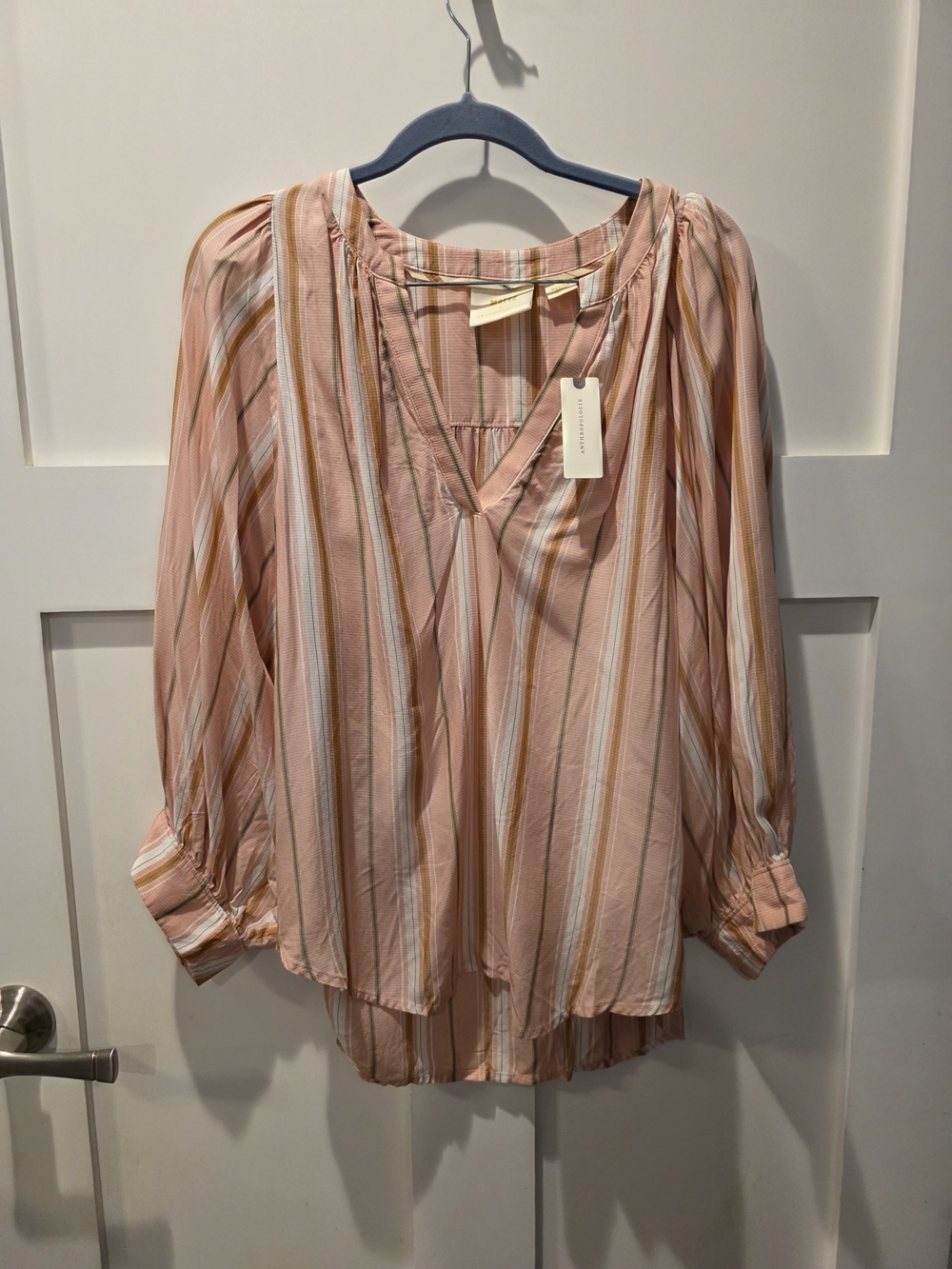 Maeve Anthropologie Brenda Pink Striped Balloon Sleeve V-Neck Pink Blouse Medium